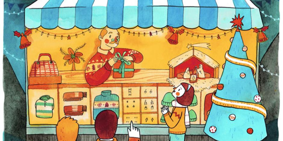 Lernen Sie mit unserer Illustration die wichtigsten spanischen Vokabeln, um über Weihnachtsmärkte zu sprechen.