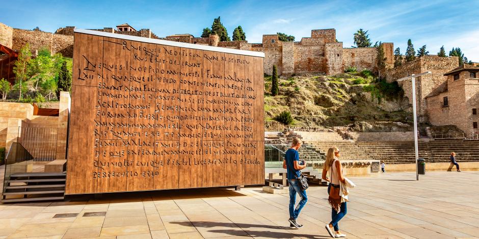 In the foreground Interpretation center of the Roman theater. In the background Alcazaba. Malaga.