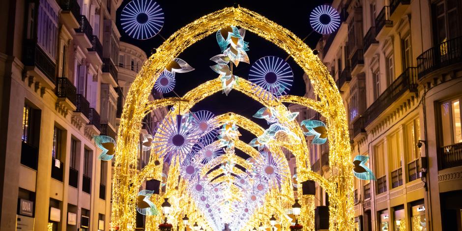 Thousands people enjoying the Lights Christmas Spectacle "The Christmas Forest", in famous Street Marquez de Larios, the centre of Malaga. 