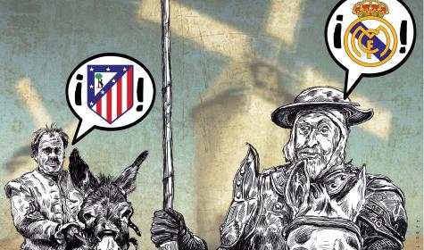 El fútbol puede ser motivo de felicidad. En el dibujo de Julio Rey, don Quijote es del Real Madrid y Sancho Panza del Atlético de Madrid.