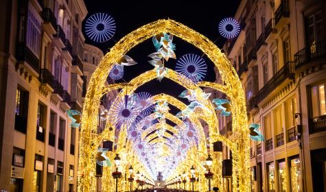 Thousands people enjoying the Lights Christmas Spectacle "The Christmas Forest", in famous Street Marquez de Larios, the centre of Malaga. 
